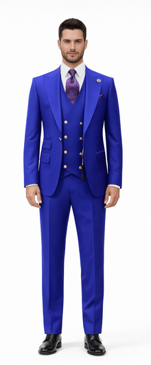 Rossiman Royal Blue Suit for Men – Classic 1-Button Peak Lapel Jacket & Double-Breasted Vest