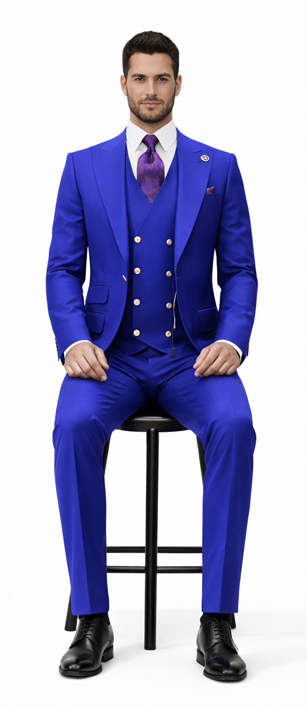 Rossiman Royal Blue Suit for Men – Classic 1-Button Peak Lapel Jacket & Double-Breasted Vest