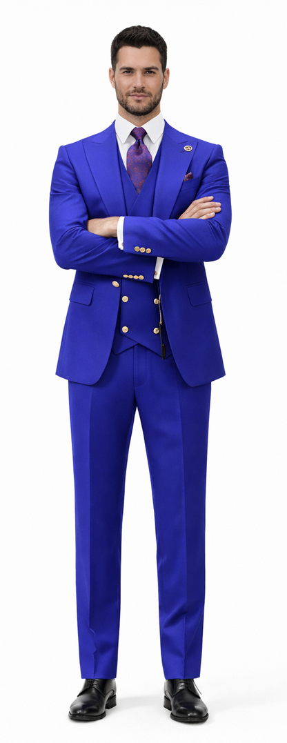 Rossiman Royal Blue Suit for Men – Classic 1-Button Peak Lapel Jacket & Double-Breasted Vest