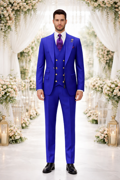 Rossiman Royal Blue Suit for Men – Classic 1-Button Peak Lapel Jacket & Double-Breasted Vest
