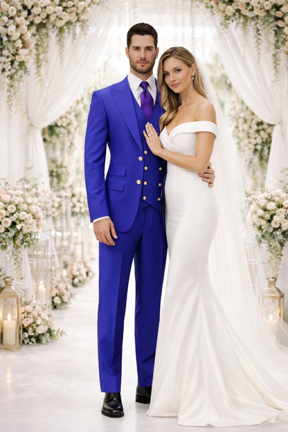 Rossiman Royal Blue Suit for Men – Classic 1-Button Peak Lapel Jacket & Double-Breasted Vest