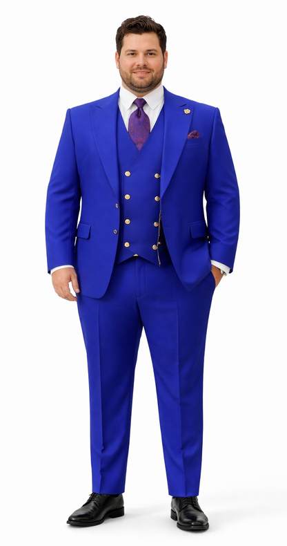 Rossiman Royal Blue Suit for Men – Classic 1-Button Peak Lapel Jacket & Double-Breasted Vest