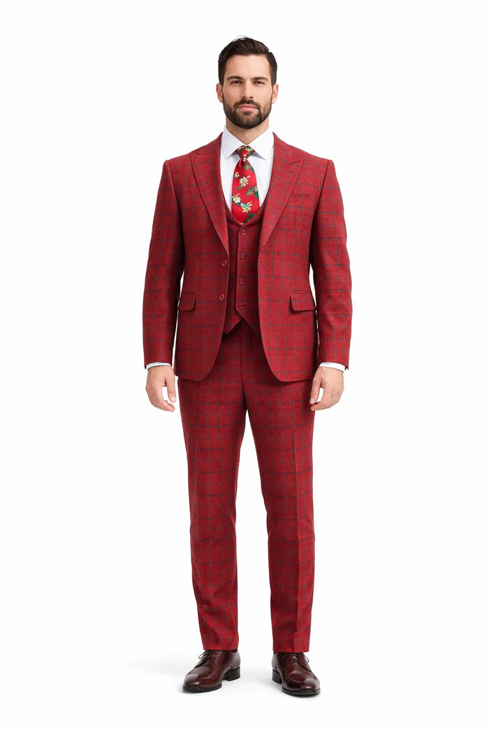 Rossiman Suits Brand - Plaid Textured Double breasted Style - Windowpane Pattern in Color Red and Blue