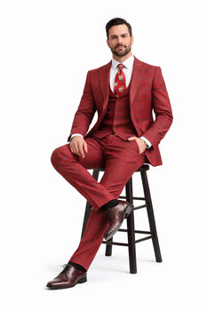 Rossiman Suits Brand - Plaid Textured Double breasted Style - Windowpane Pattern in Color Red and Blue