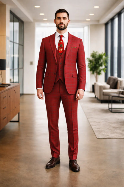 Rossiman Suits Brand - Plaid Textured Double breasted Style - Windowpane Pattern in Color Red and Blue
