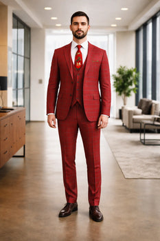 Rossiman Suits Brand - Plaid Textured Double breasted Style - Windowpane Pattern in Color Red and Blue