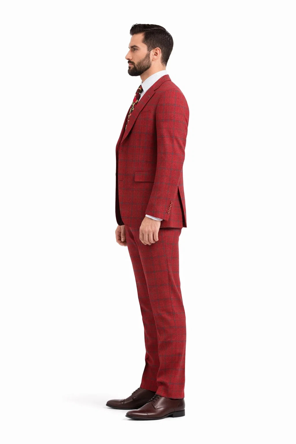 Rossiman Suits Brand - Plaid Textured Double breasted Style - Windowpane Pattern in Color Red and Blue