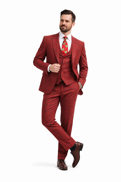 Rossiman Suits Brand - Plaid Textured Double breasted Style - Windowpane Pattern in Color Red and Blue