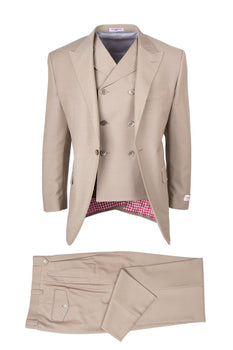 Tiglio Italian Suit - Real Wool Fabric Super 150's San Giovesse Tan, Wide Leg Suit & Vest in Color Tan
