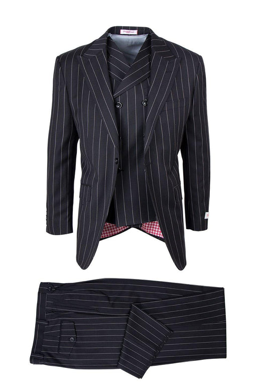 Tiglio Italian Suit - Real Wool Fabric Super 150's San Giovesse Black Bold Pinstripe, Wide Leg Suit & Vest in Color Black