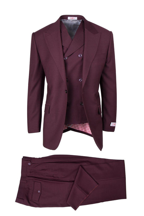 Tiglio Italian Suit - Real Wool Fabric Super 150's San Giovesse Burgundy, Wide Leg Suit & Vest in Color Burgundy