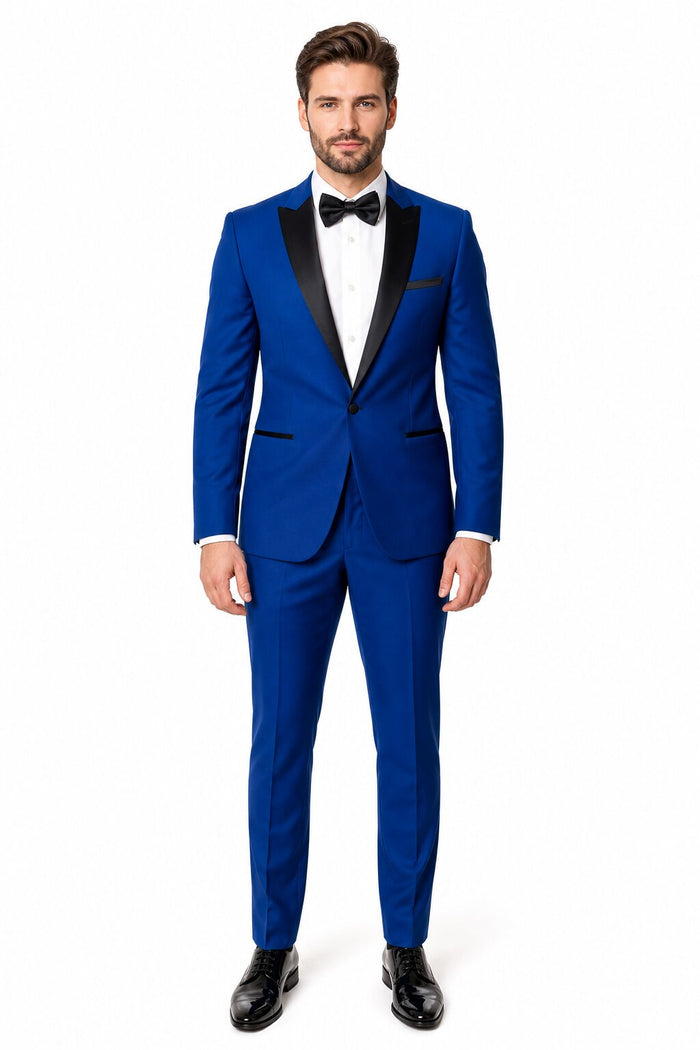 Men'S 1 Button Royal Blue Tuxedo Black Lapeled Dress Suits For Men Dinner Jacket