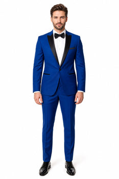 Men'S 1 Button Royal Blue Tuxedo Black Lapeled Dress Suits For Men Dinner Jacket