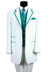 Aqua Turquoise Light Blue Color Mens 3 Button Vested Barbershop Quartet Suin in White with Turquoise Pinstripes