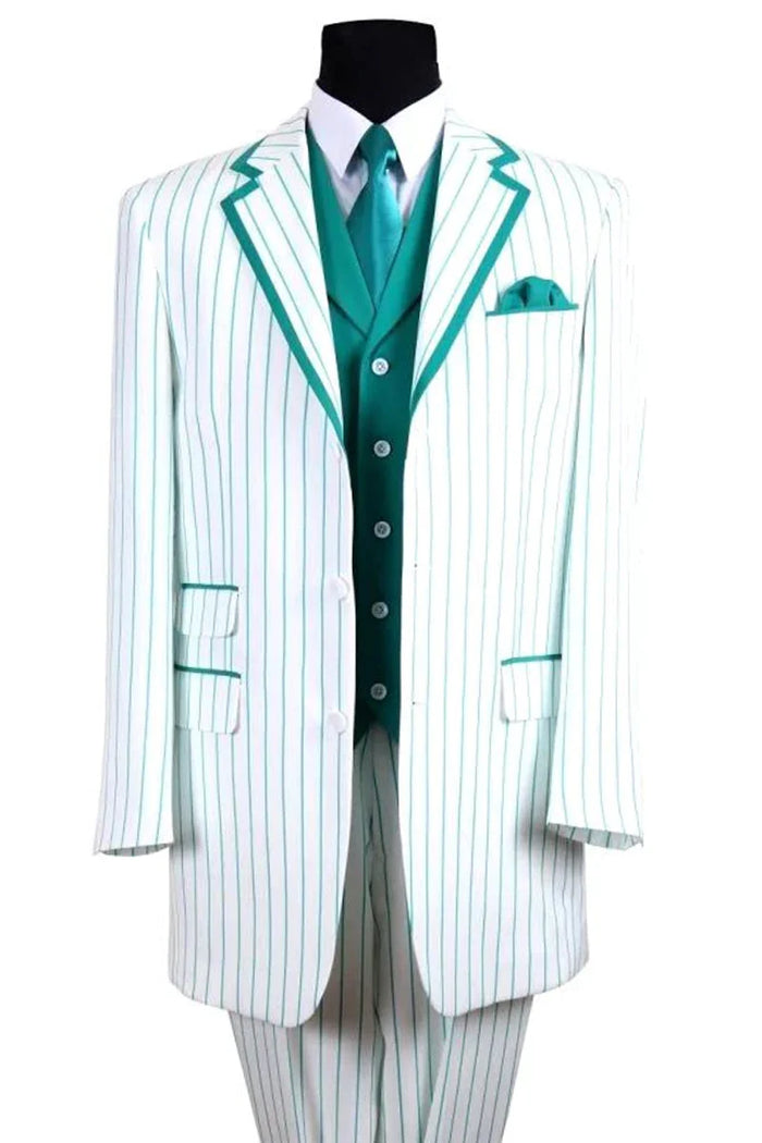 Aqua Turquoise Light Blue Color Mens 3 Button Vested Barbershop Quartet Suin in White with Turquoise Pinstripes