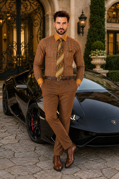 Rust Tone on Tone Check Pattern Dress Shirt Set with Cuff