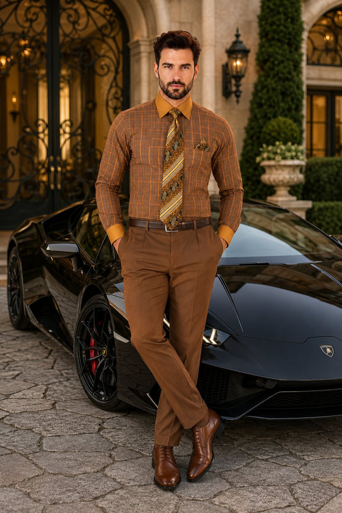 Rust Tone on Tone Check Pattern Dress Shirt Set with Cuff