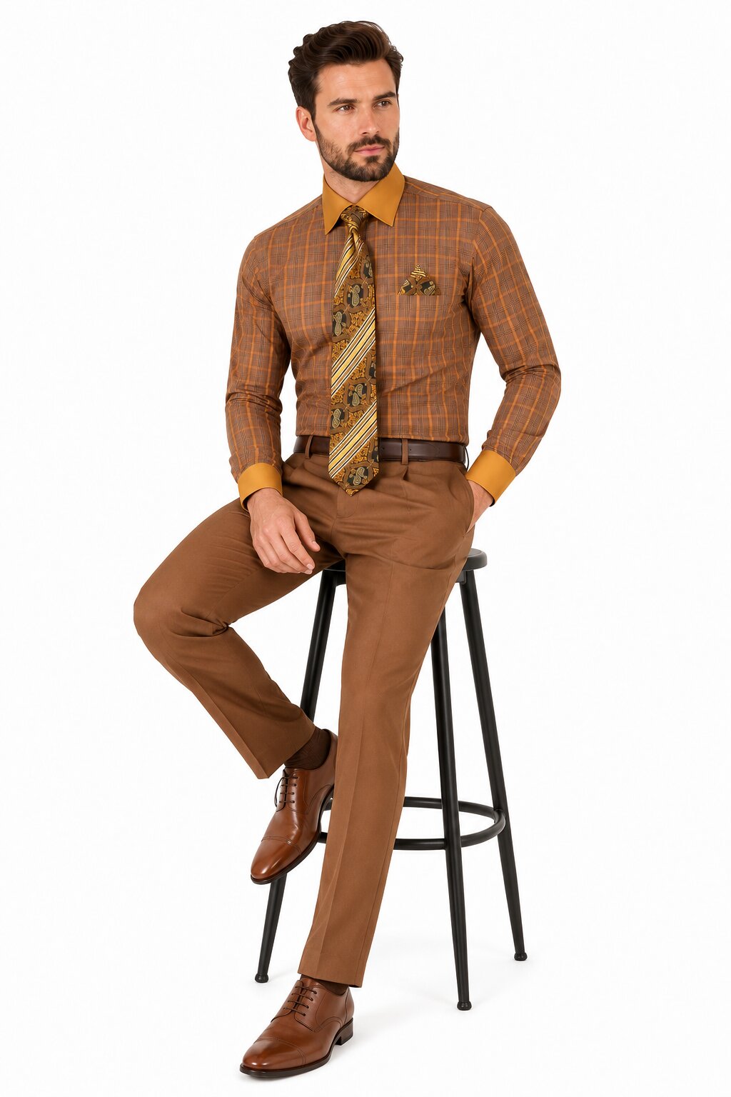 Rust Tone on Tone Check Pattern Dress Shirt Set with Cuff