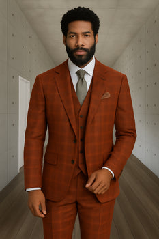 Wool Suit - Italian Made Business Suit by Statement Men's 3 Piece 100% Wool Modern Fit Suit - Sharp Plaid Pattern