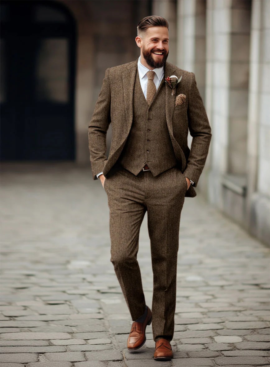 Rust Wool Tweed Suit – Heritage Herringbone Design for Men Modern Fit