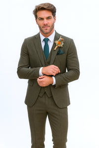 SKU#JA60784 Groomsmen Tweed Suit - Green Herringbone Western Suit - Traje Para Hombre