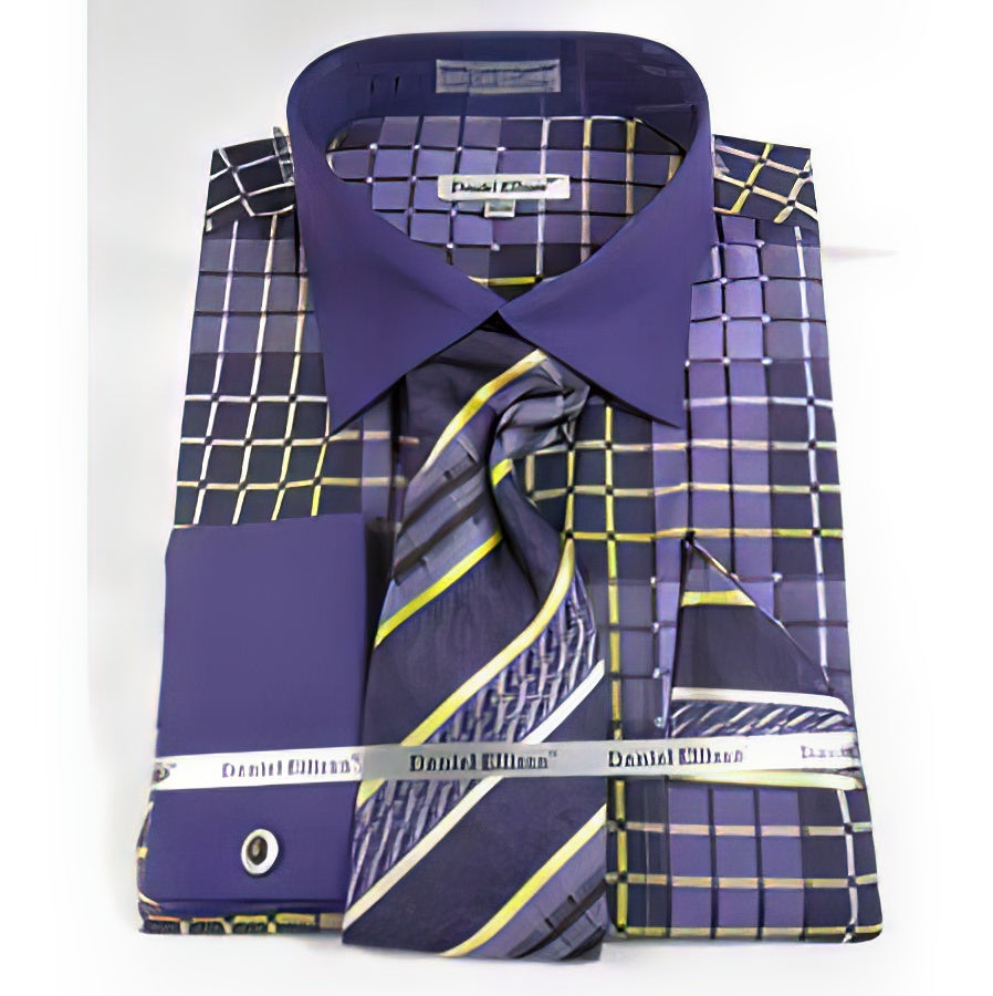 Purple French Cuff With Collar Window Pane Pattern Men'S Dress Shirt