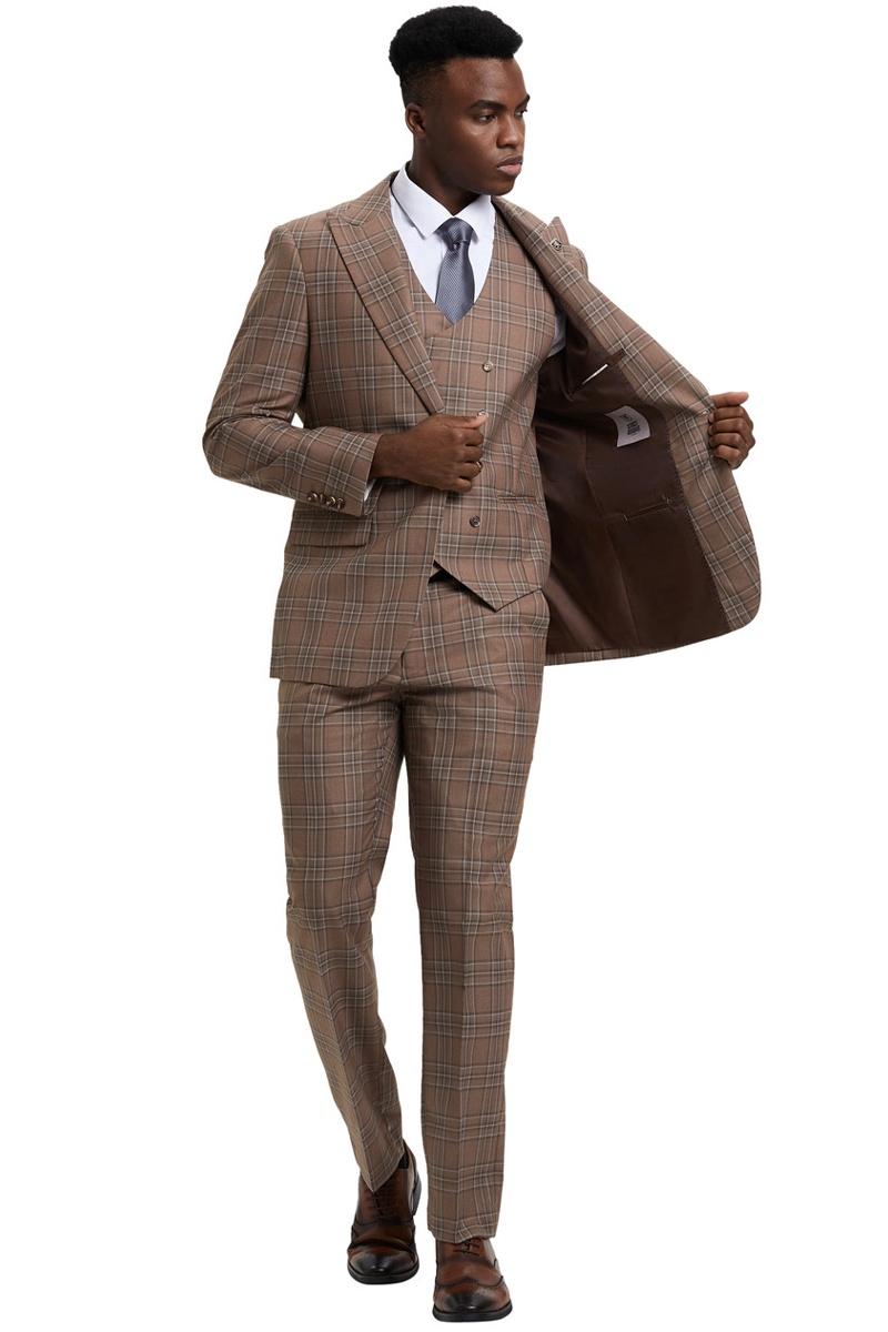 Men's Stacy Adams One Button Peak Lapel Double Breasted Vest Suit in Light Brown Plaid - Image 3