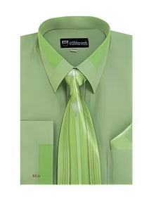 Olive Spread Collar  French Cuff + Tie + Handkerchief Set Men's Dress Shirt