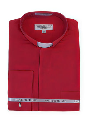 Men's Mandarin Banded Collar Preacher Round Style French Cuff Pastor Preacher Long Sleeve Red collarless Shirts