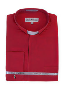 Men's Mandarin Banded Collar Preacher Round Style French Cuff Pastor Preacher Long Sleeve Red collarless Shirts