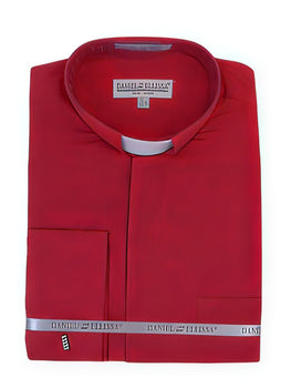 Men's Mandarin Banded Collar Preacher Round Style French Cuff Pastor Preacher Long Sleeve Red collarless Shirts