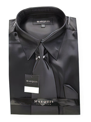 Fashion Cheap Priced Sale Men'S New Black Satin Dress Shirt Combinations Set Tie Combo Shirts Men'S Dress Shirt