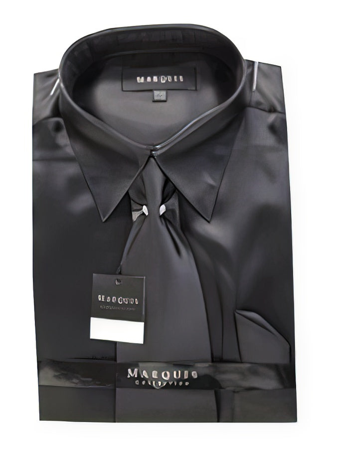 Fashion Cheap Priced Sale Men'S New Black Satin Dress Shirt Combinations Set Tie Combo Shirts Men'S Dress Shirt