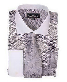 French Cuff Silver Mini Plaid/Checks White Collar Two Toned Contrast Shirt With Tie And Handkerchief Men'S Dress Shirt