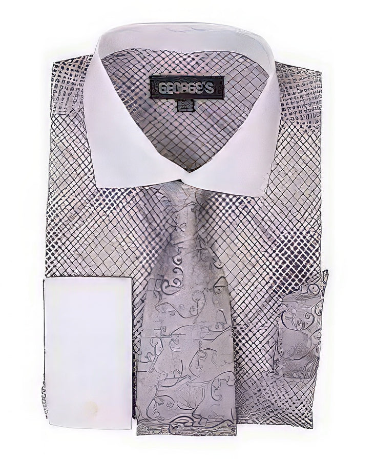 Red Men's White Collar Two Toned Contrast Unique Stripe Fashion Shirt Tie White Collared Contrast  And Hanky Matching Color main image 0