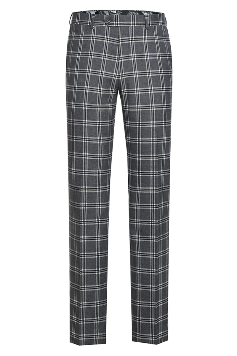 Mens Designer Slim Fit Peak Lapel Suit in Grey Windowpane Plaid - Image 2
