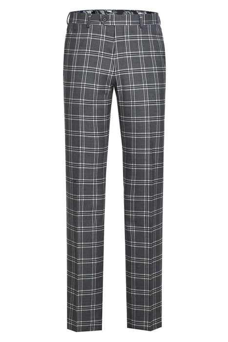 Mens Designer Slim Fit Peak Lapel Suit in Grey Windowpane Plaid