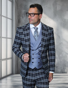 Saboo by Statement Mens Modern Fit 3 Piece 100% Wool Plaid Suit – Peak Lapel, Double Breasted Vest