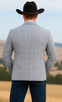 Saco vaquero - Western Sport Coat - Western Blazer- Mens Half Canvas Unconstructed Sport Coat Blazer In Light Grey & White Windowpane Plaid