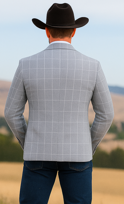 Saco vaquero - Western Sport Coat - Western Blazer- Mens Half Canvas Unconstructed Sport Coat Blazer In Light Grey & White Windowpane Plaid