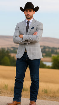 Saco vaquero - Western Sport Coat - Western Blazer- Mens Half Canvas Unconstructed Sport Coat Blazer In Light Grey & White Windowpane Plaid
