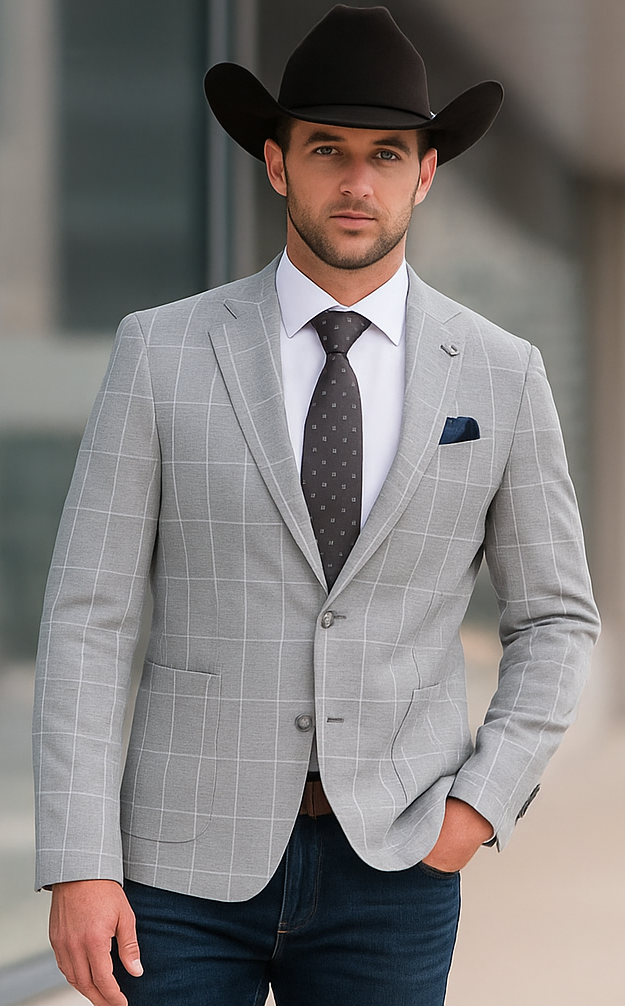 Saco vaquero - Western Sport Coat - Western Blazer- Mens Half Canvas Unconstructed Sport Coat Blazer In Light Grey & White Windowpane Plaid