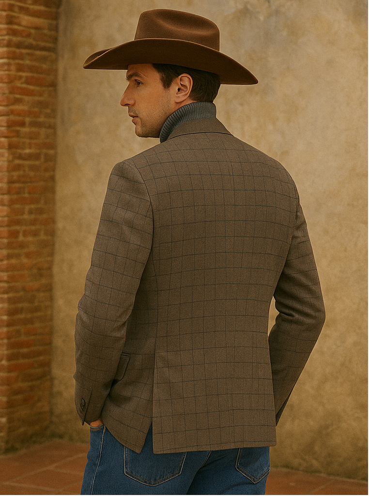 Saco vaquero - Western Sport Coat - Western Blazer - Mens Slim Fit Two Button Sport Coat Blazer In Navy Blue & Gold Windowpane Plaid