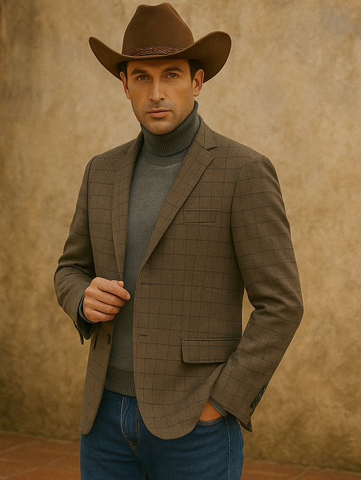 Saco vaquero - Western Sport Coat - Western Blazer- Men's Slim Fit 2 Button Sport Coat Blazer In Bronze Mini Window Pane