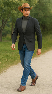 Saco vaquero - Western Sport Coat - Western Blazer- Men's Slim Fit 2 Button Sport Coat Blazer In Charcoal Grey Mini Window Pane