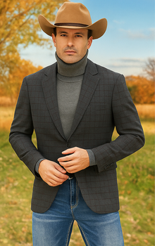 Saco vaquero - Western Sport Coat - Western Blazer- Men's Slim Fit 2 Button Sport Coat Blazer In Charcoal Grey Mini Window Pane