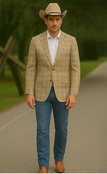 Saco vaquero - Western Sport Coat - Western Blazer- Men's Slim Fit Business Casual Khaki Glen Plaid Sport Coat