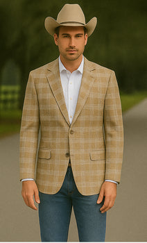 Saco vaquero - Western Sport Coat - Western Blazer- Men's Slim Fit Business Casual Khaki Glen Plaid Sport Coat