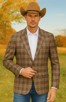 Saco vaquero - Western Sport Coat - Western Blazer- Men's Slim Fit Business Casual Light Brown Glen Plaid Sport Coat