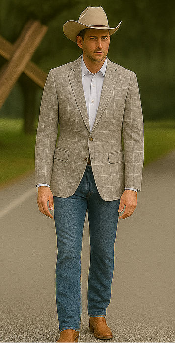 Saco vaquero - Western Sport Coat - Western Blazer- Men's Slim Fit Business Casual Summer Windowpane Plaid Suit In Light Tan